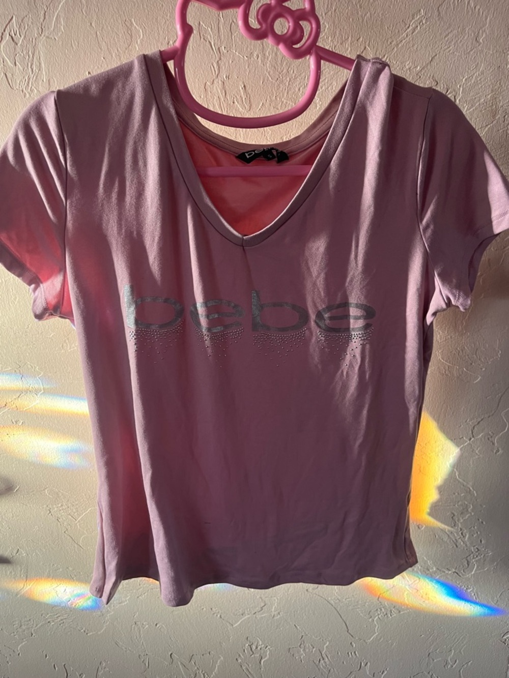 bebe Pink V-Neck Short Sleeve Logo Tee